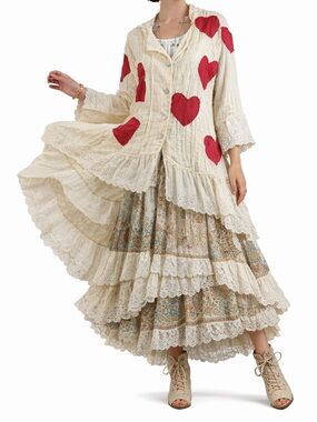 Paper Lace boho heart patch cotton duster top dress in sand red - M nwt